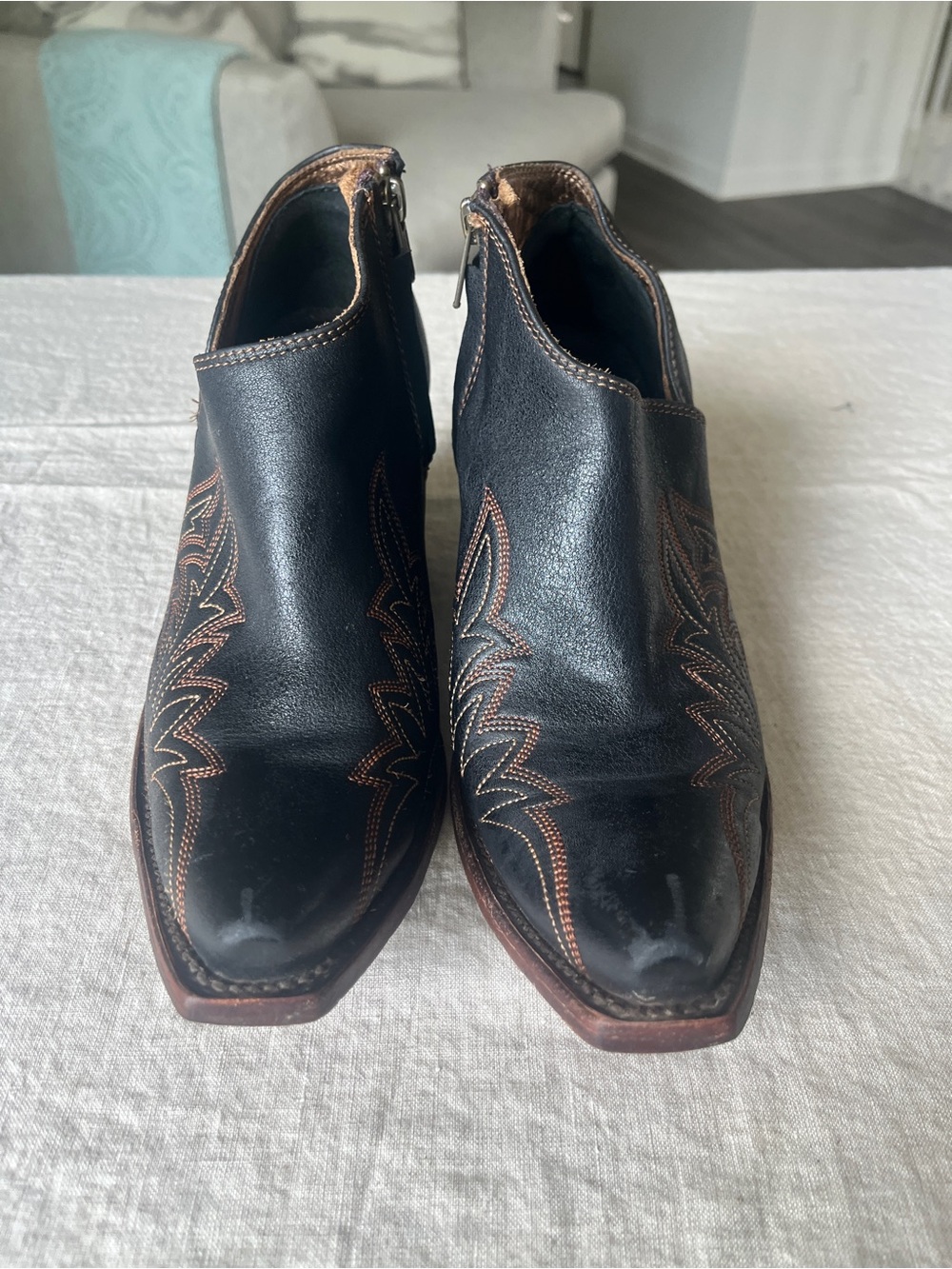 Ariat Jolene Black Leather Western Ankle Boots with Brown Stitching